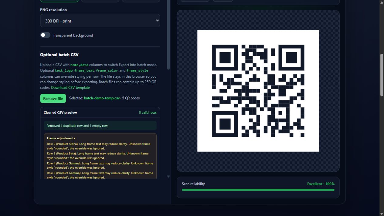 QR batch export with cleaned CSV data, validation warnings, preview, and reliability score.