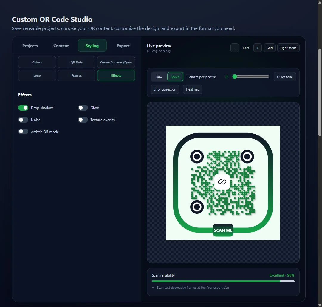 Styled green QR code with rounded modules, a logo, frame, and 90 percent reliability.