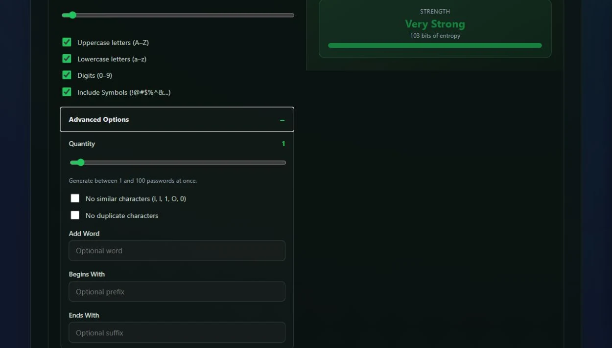 Advanced controls for password quantity, characters, words, prefixes, and suffixes.