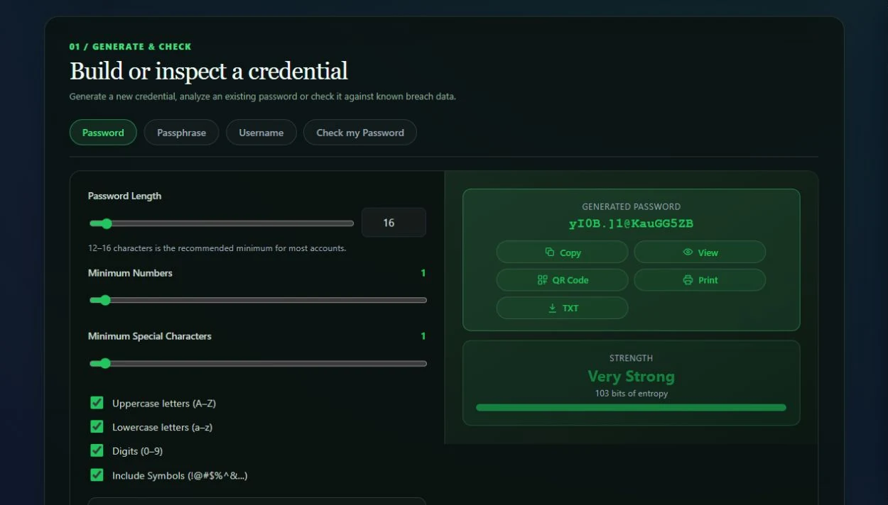 The main Password tab with length, character, result and strength controls