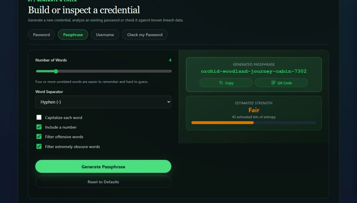 Passphrase controls and an example generated passphrase with an entropy estimate
