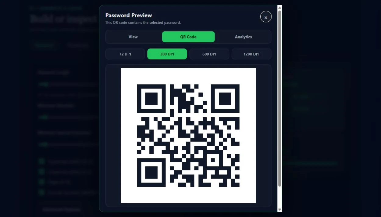 QR preview with 72, 300, 600 and 1,200 DPI export choices