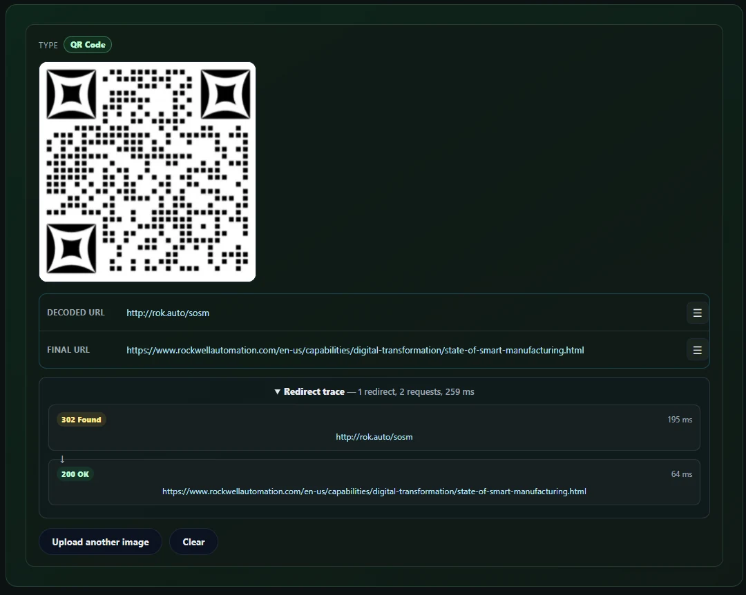 QR Decoder showing a short URL, its destination, and a one-hop redirect trace.