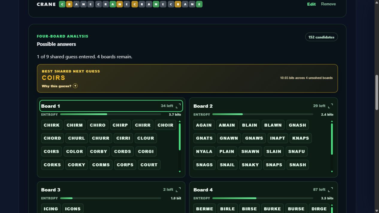 Quordle Solver comparing four candidate lists and one shared next guess.